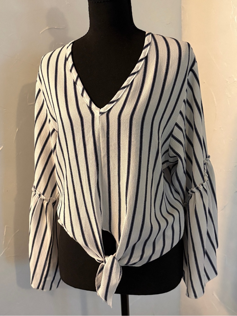 lavender field White & Navy Striped Tie-Front V-Neck Blouse